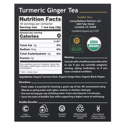 Buddha Teas, Organic Herbal Tea, Turmeric Ginger, Caffeine Free, 18 Tea Bags, 1.27 oz (36 g)