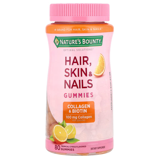 Nature's Bounty, Optimal Solutions®, Hair, Skin, & Nails Gummies, Collagen & Biotin, Tropical Citrus, 80 Gummies