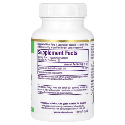 Paradise Herbs, Ginkgo, 120 mg, 60 Vegetarian Capsules