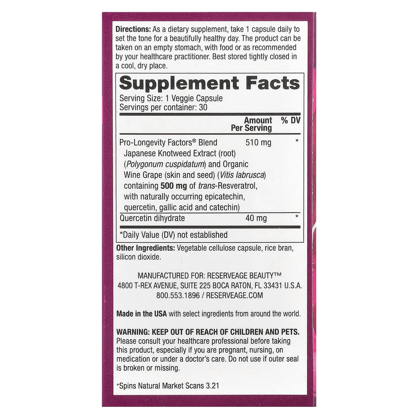 Reserveage Beauty, Resveratrol, Trans-Resveratrol, 500 mg, 30 Veggie Capsules