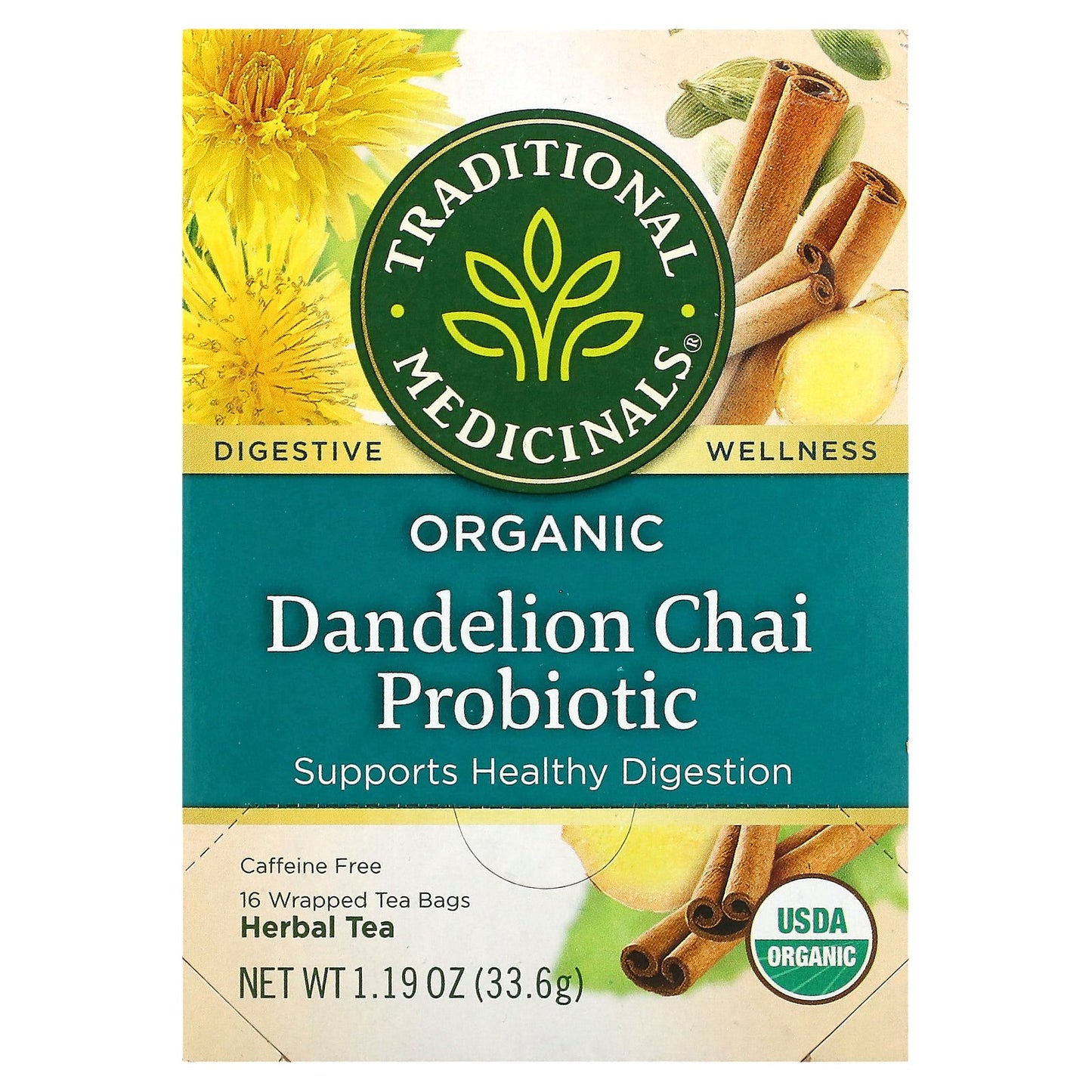 Traditional Medicinals, Organic Dandelion Chai Probiotic, Caffeine Free, 16 Wrapped Tea Bags, 1.19 oz (33.6 g)