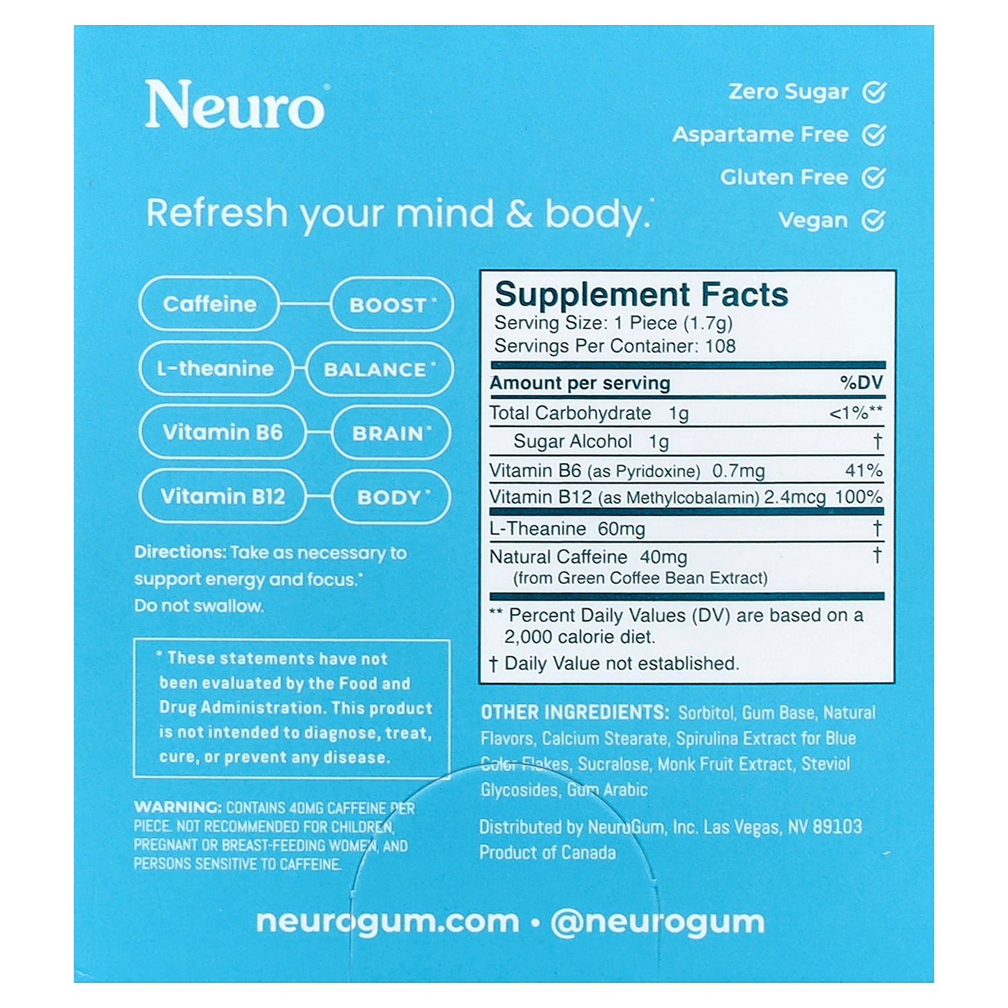 NeuroGum, Energy & Focus Gum, Peppermint, 12 Pack, 9 Pieces Each