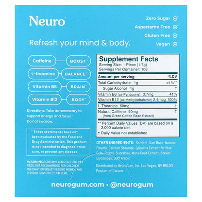 NeuroGum, Energy & Focus Gum, Peppermint, 12 Pack, 9 Pieces Each