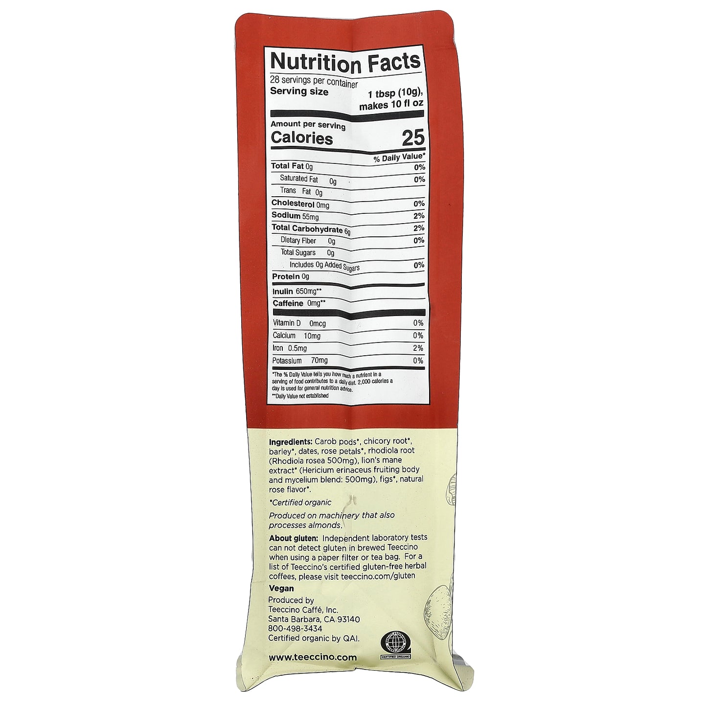 Teeccino, Mushroom Herbal 'Coffee', Organic Lion's Mane Rhodiola, Medium Roast, Caffeine Free, 10 oz (284 g)