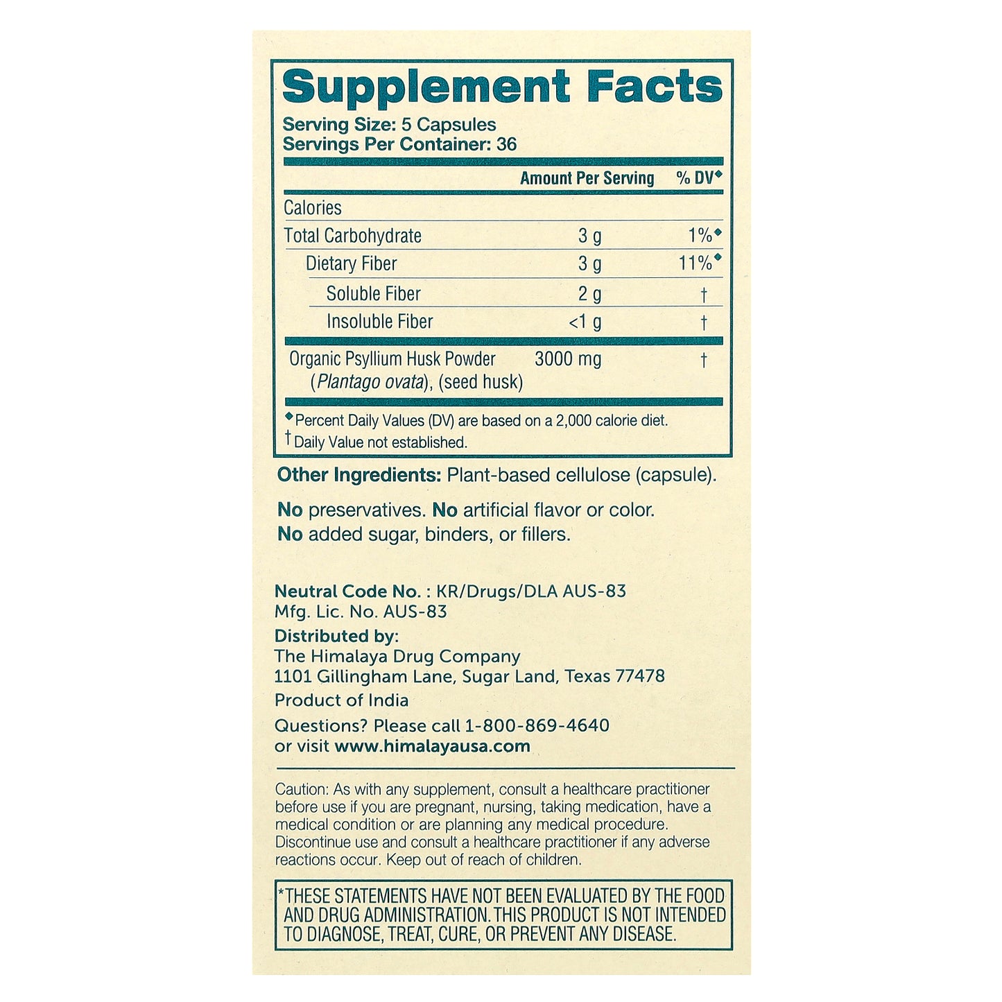 Himalaya, Psyllium Husk Capsules, 180 Vegetarian Capsules