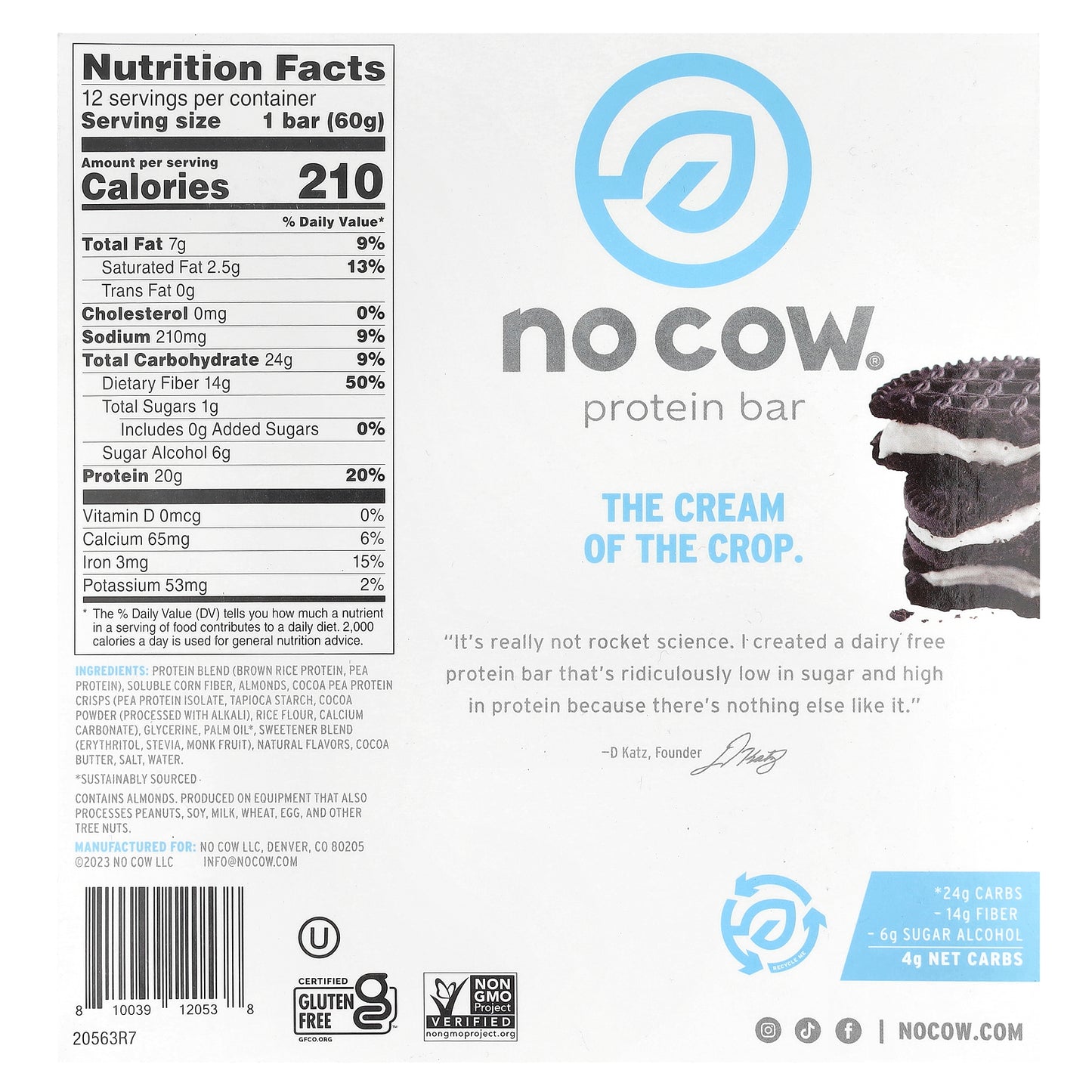 No Cow, Protein Bar, Cookies'N Cream, 12 Bars, 2.12 oz (60 g) Each