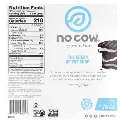 No Cow, Protein Bar, Cookies'N Cream, 12 Bars, 2.12 oz (60 g) Each