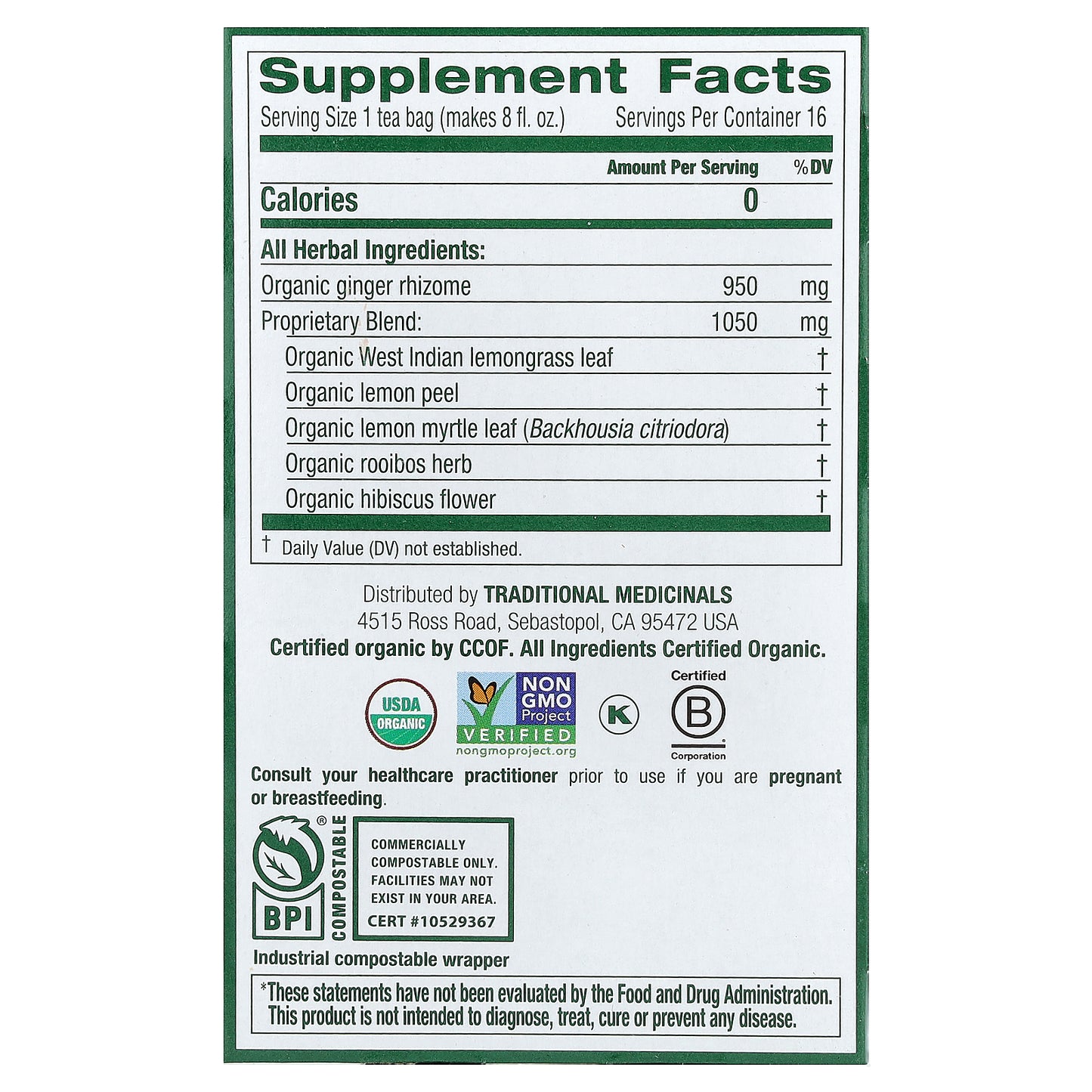 Traditional Medicinals, Organic Lemon Ginger, Caffeine Free, 16 Wrapped Tea Bags, 1.13 oz (32 g)