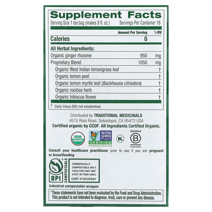 Traditional Medicinals, Organic Lemon Ginger, Caffeine Free, 16 Wrapped Tea Bags, 1.13 oz (32 g)