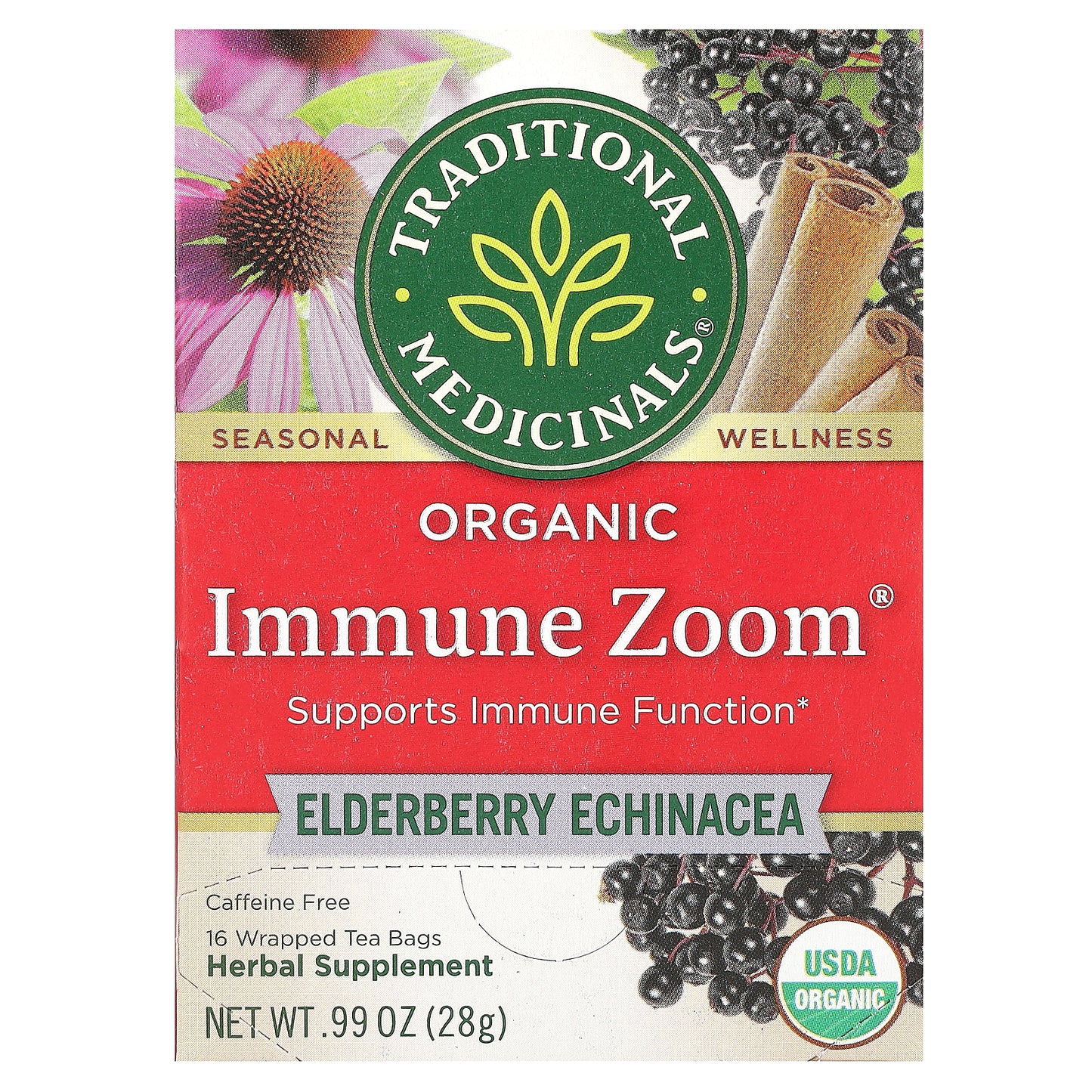 Traditional Medicinals, Organic Immune Zoom®, Elderberry Echinacea, Caffeine Free, 16 Wrapped Tea Bags, 0.99 oz (28 g)