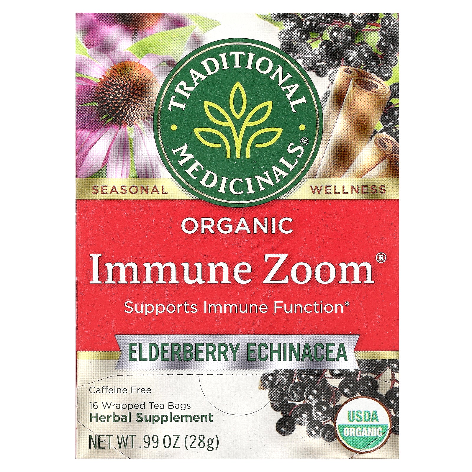 Traditional Medicinals, Organic Immune Zoom®, Elderberry Echinacea, Caffeine Free, 16 Wrapped Tea Bags, 0.99 oz (28 g)