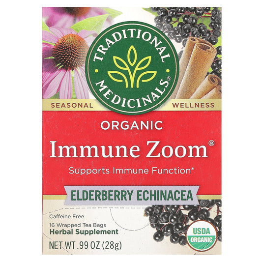 Traditional Medicinals, Organic Immune Zoom®, Elderberry Echinacea, Caffeine Free, 16 Wrapped Tea Bags, 0.99 oz (28 g)
