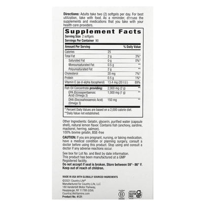 Country Life, Omega 3 Mood, Natural Lemon, 180 Softgels