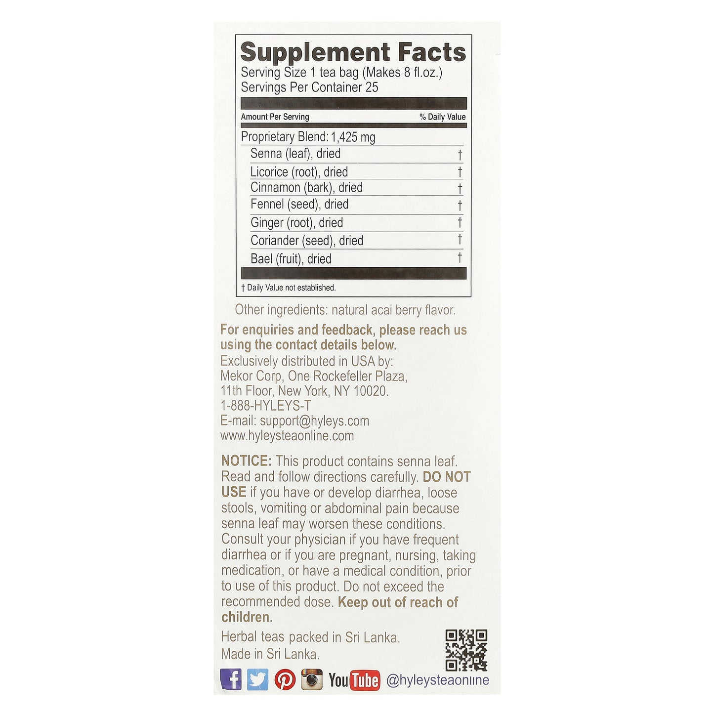 Hyleys Tea, Colon Cleanse, Acai Berry,  Caffeine Free, 25 Foil Envelop Tea Bags, 1.32 oz (37.5 g)