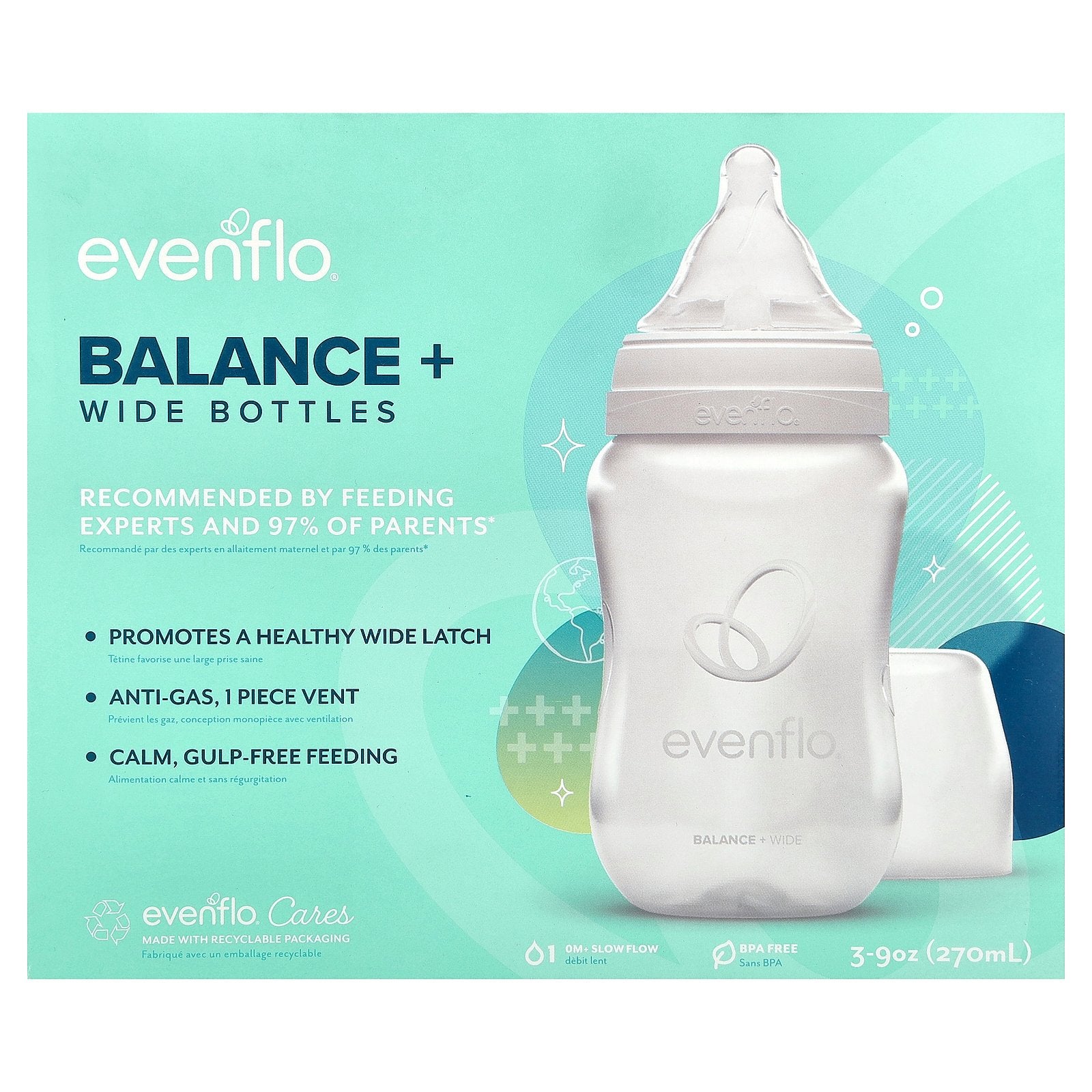 Evenflo Feeding, Balance+ Bottles, Wide, 0+ Months, Slow Flow, 3 Bottles, 9 oz (270 ml) Each