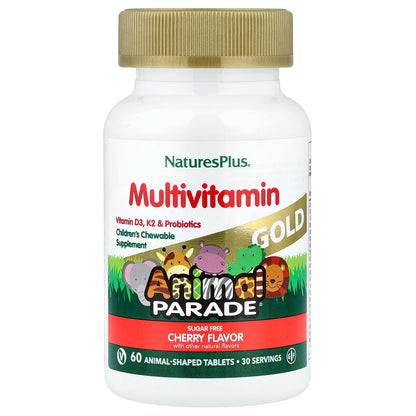 NaturesPlus, Animal Parade Gold, Children's Chewable Multivitamin Supplement, Cherry, 60 Animal-Shaped Tablets