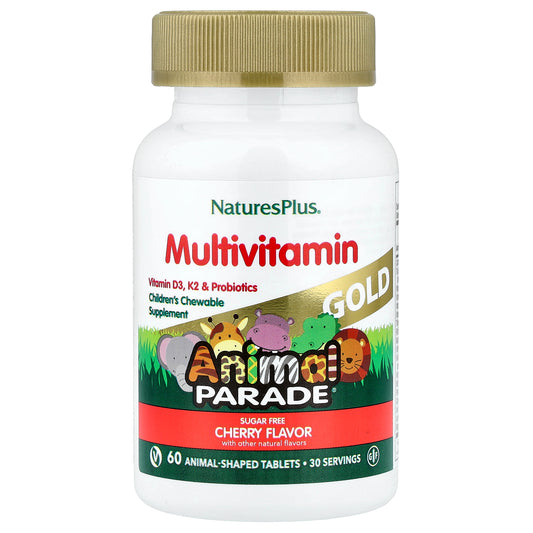 NaturesPlus, Animal Parade Gold, Children's Chewable Multivitamin Supplement, Cherry, 60 Animal-Shaped Tablets