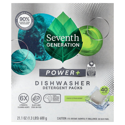 Seventh Generation, Power+ Dishwasher Detergent Packs, Fresh Citrus, 40 Packs, 21.1 oz (600 g)