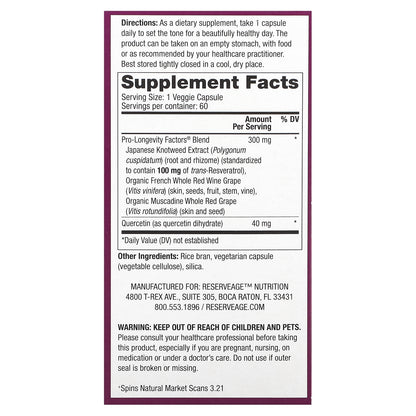 Reserveage Beauty, Resveratrol, 100 mg, 60 Veggie Capsules