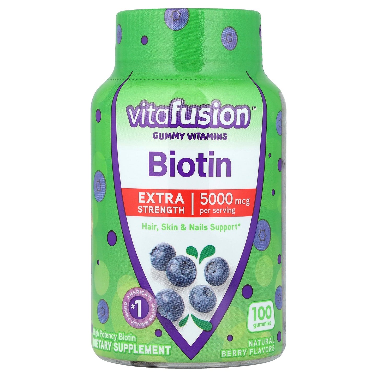 VitaFusion, Biotin Gummy Vitamins, Extra Strength, Natural Berry, 5,000 mcg, 100 Gummies (2,500 mcg per Gummy)