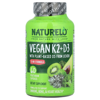 NATURELO, Vegan Vitamin K2 + D3, 60 Vegetarian Capsules