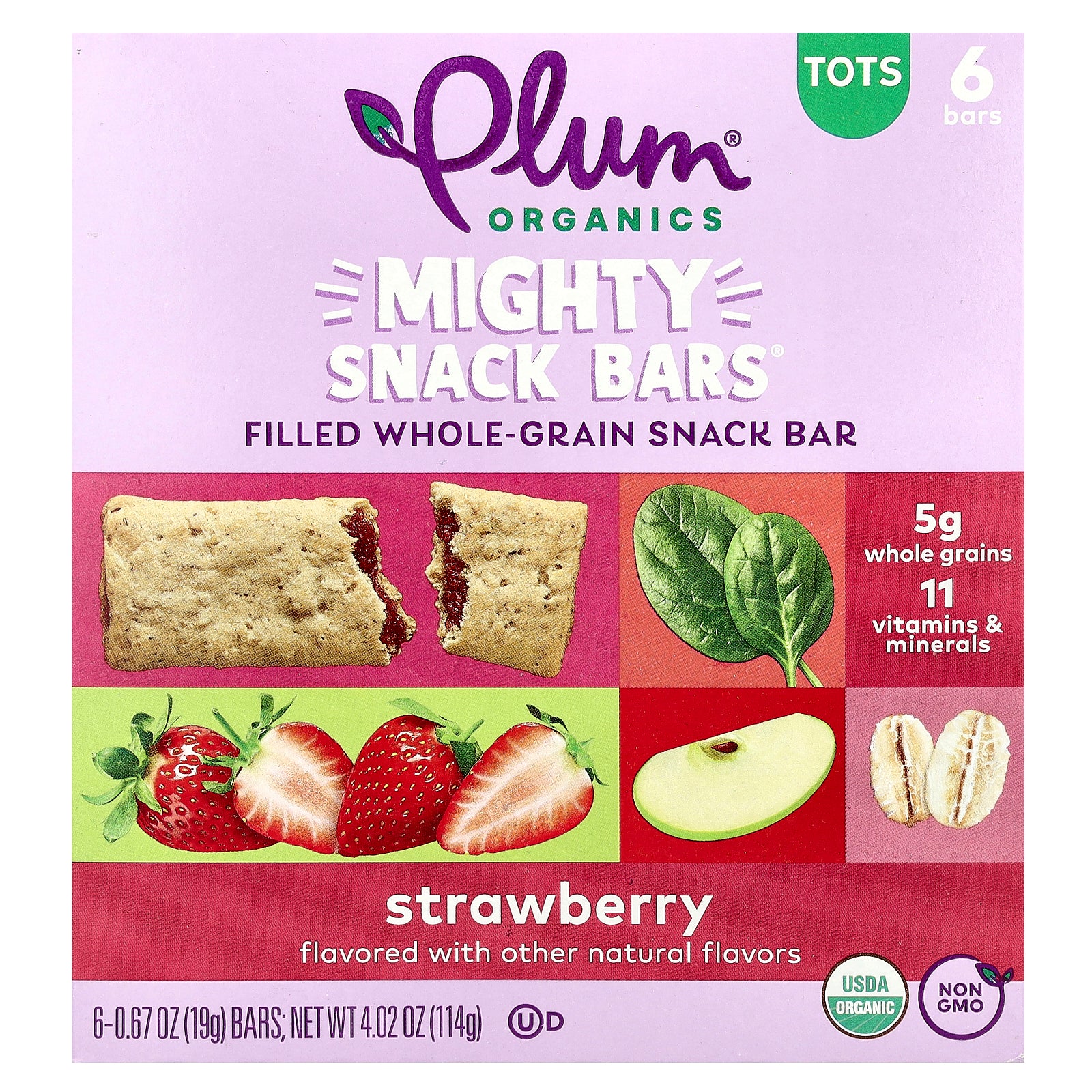 Plum Organics, Mighty Snack Bars®, Tots, Strawberry, 6 Bars, 0.67 oz (19 g) Each