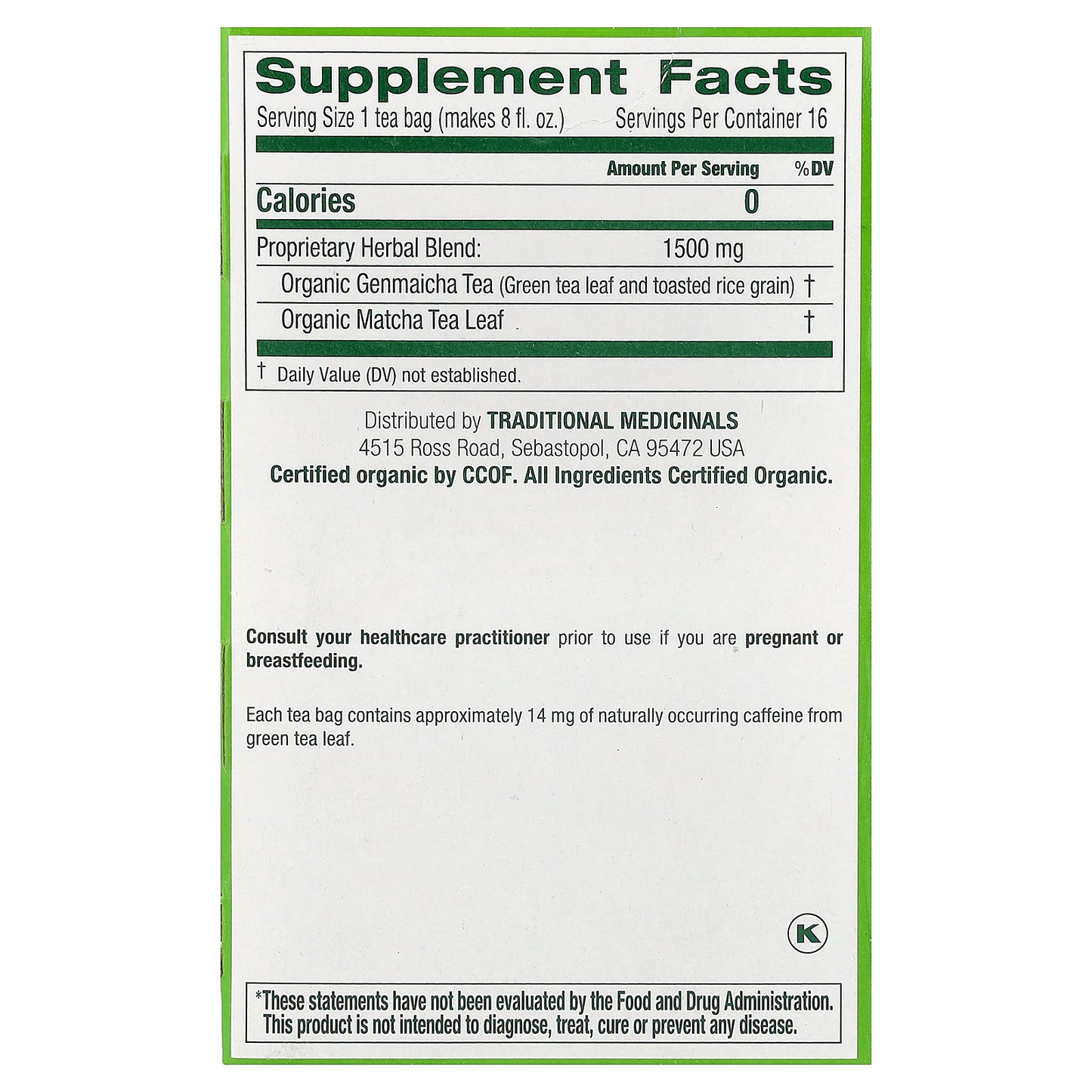 Traditional Medicinals, Organic Green Tea Matcha with Toasted Rice, 16 Wrapped Tea Bags, 0.85 oz (24 g)