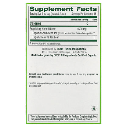 Traditional Medicinals, Organic Green Tea Matcha with Toasted Rice, 16 Wrapped Tea Bags, 0.85 oz (24 g)