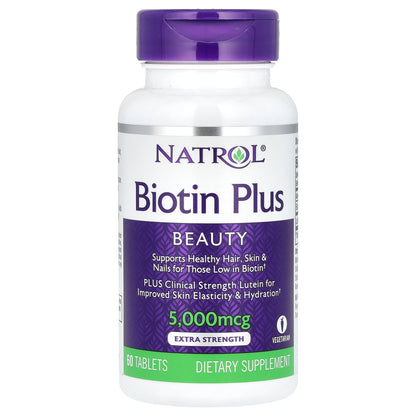 Natrol, Biotin Plus, Extra Strength, 5,000 mcg, 60 Tablets