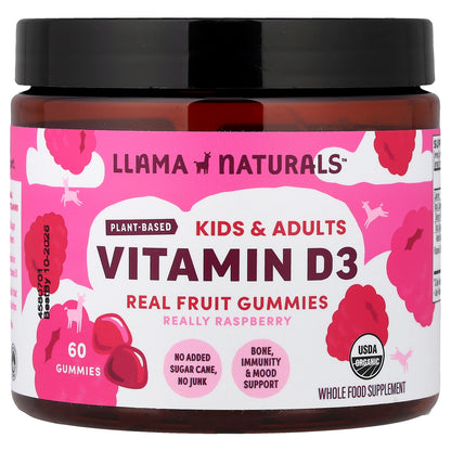 Llama Naturals, Kids & Adults Plant-Based Vitamin D3, Real Fruit Gummies, Really Raspberry, 60 Gummies