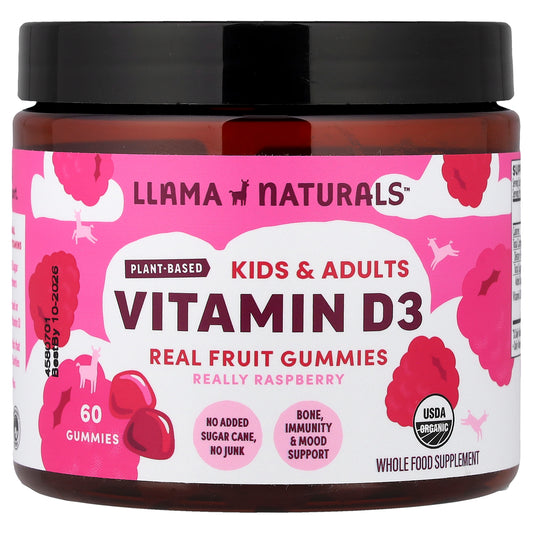 Llama Naturals, Kids & Adults Plant-Based Vitamin D3, Real Fruit Gummies, Really Raspberry, 60 Gummies