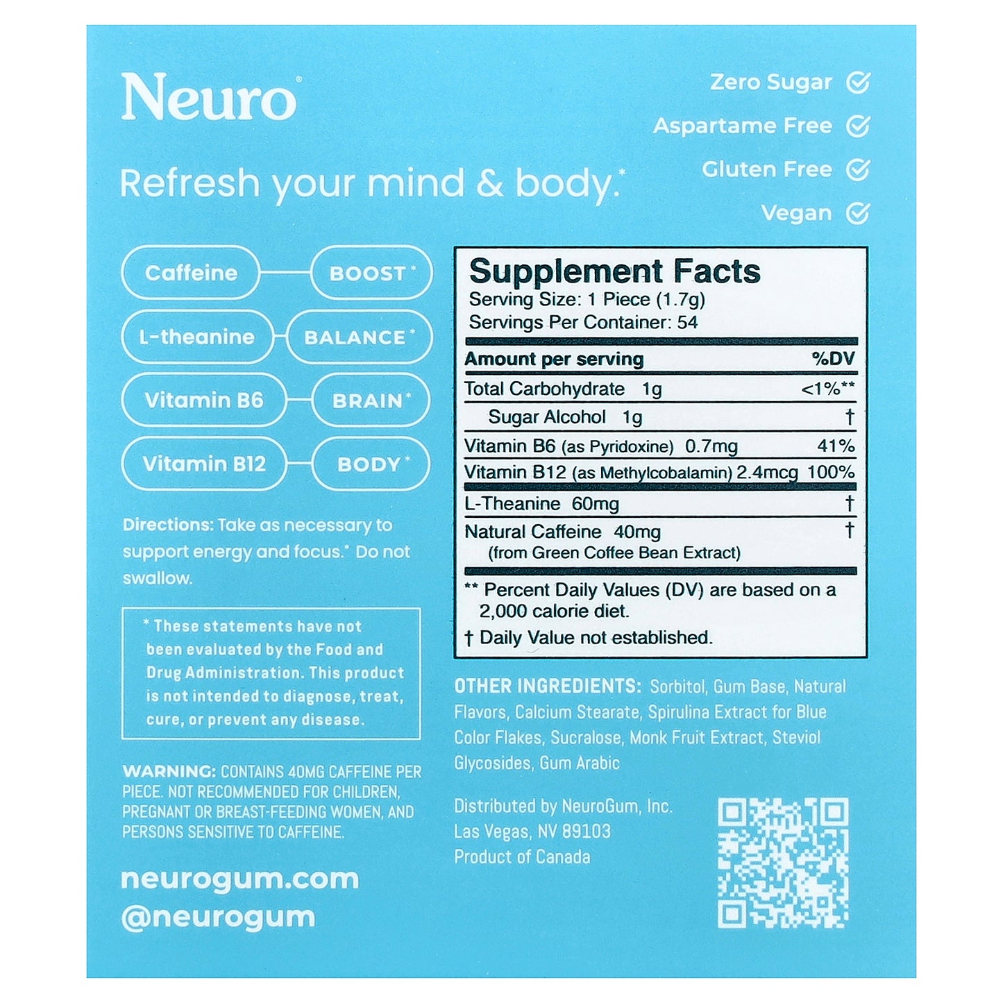 NeuroGum, Energy & Focus Gum, Peppermint, 6 Packs, 9 Pieces Each