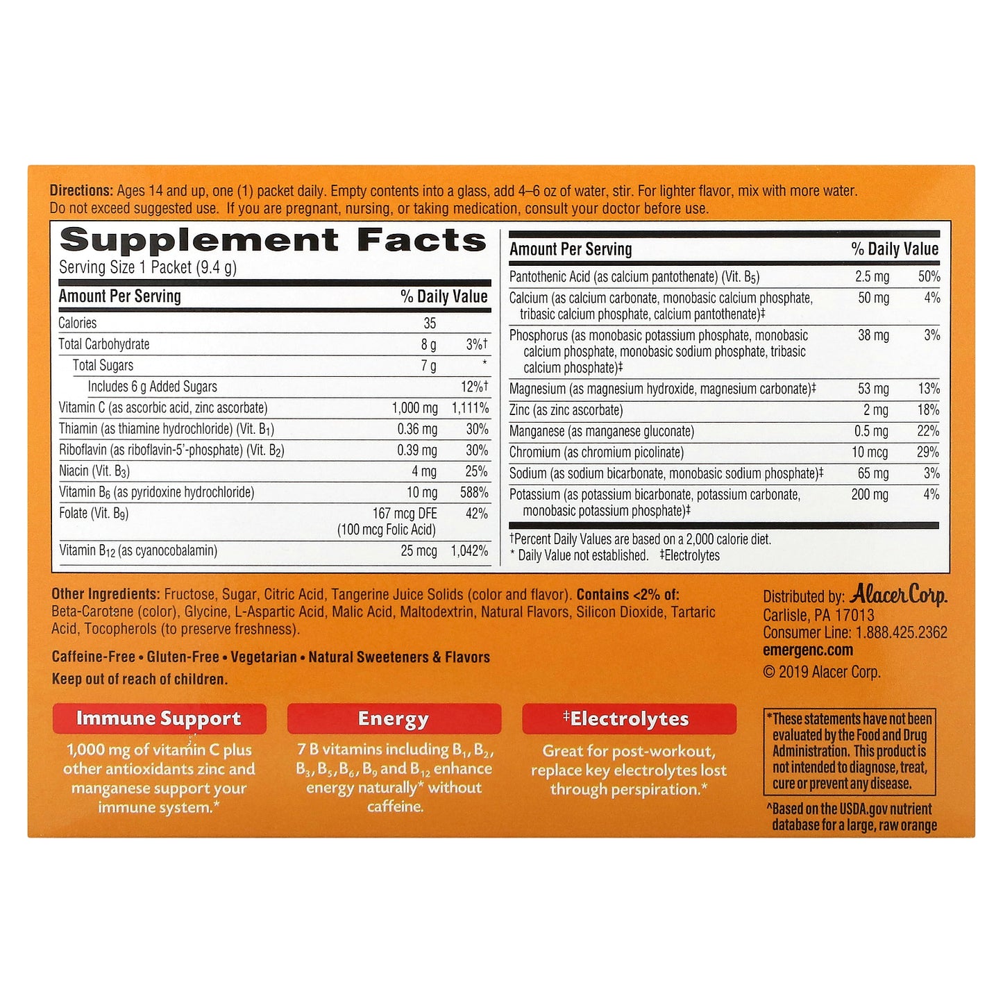 Emergen-C, Vitamin C, Tangerine, 1,000 mg, 30 Packets, 0.33 oz (9.4 g) Each