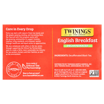 Twinings, Pure Black Tea, English Breakfast, Decaffeinated, 50 Tea Bags, 3.53 oz (100 g)