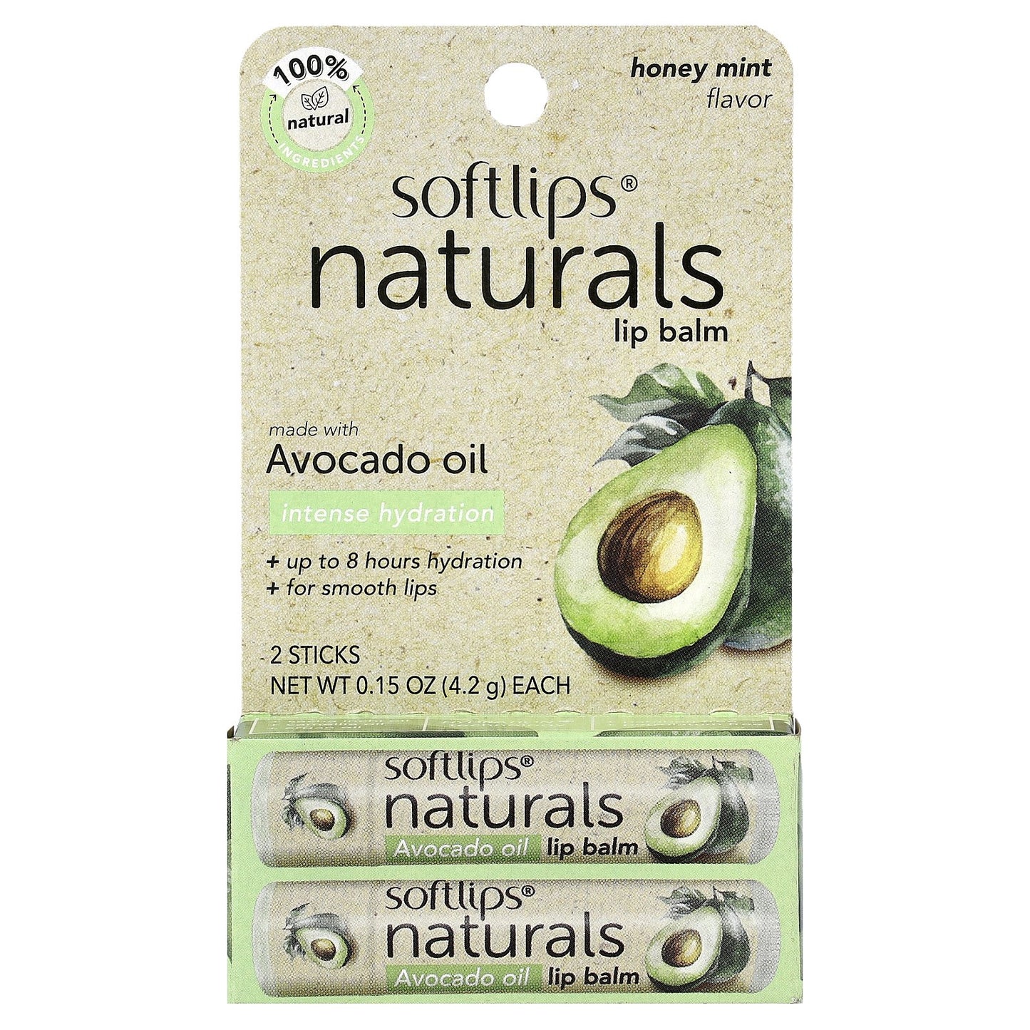 Softlips, Naturals Lip Balm with Avocado Oil, Honey Mint, 2 Sticks, 0.15 oz (4.2 g) Each