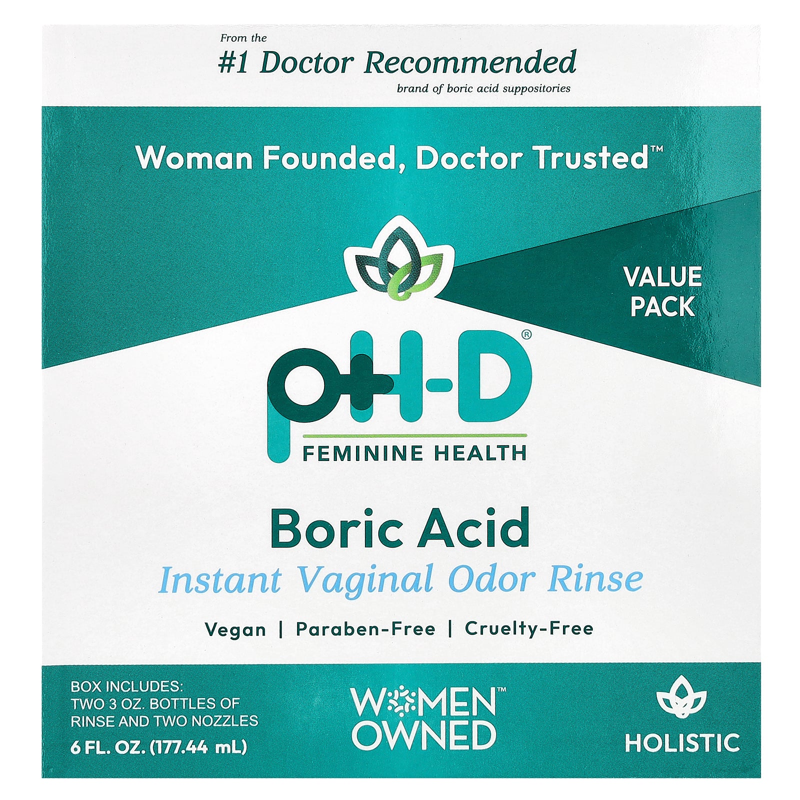 pH-D Feminine Health, Boric Acid, Instant Vaginal Odor Rinse, 2 Bottles & 2 Nozzles , 6 fl oz (177.44 ml)