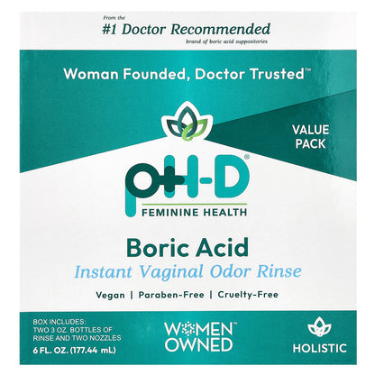 pH-D Feminine Health, Boric Acid, Instant Vaginal Odor Rinse, 2 Bottles & 2 Nozzles , 6 fl oz (177.44 ml)