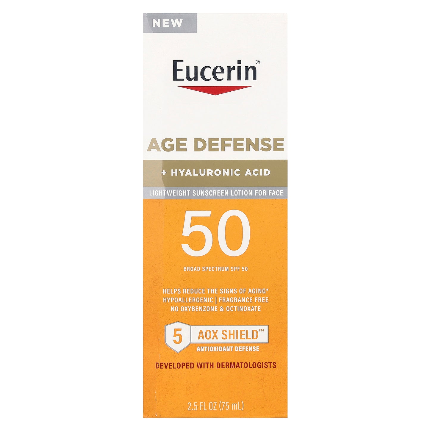 Eucerin, Age Defense, Lightweight Sunscreen Lotion For Face, SPF 50, Fragrance Free, 2.5 fl oz (75 ml)