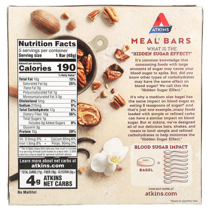 Atkins, Protein Meal Bar, Vanilla Pecan Crisp, 5 Bars, 1.69 oz (48 g) Each