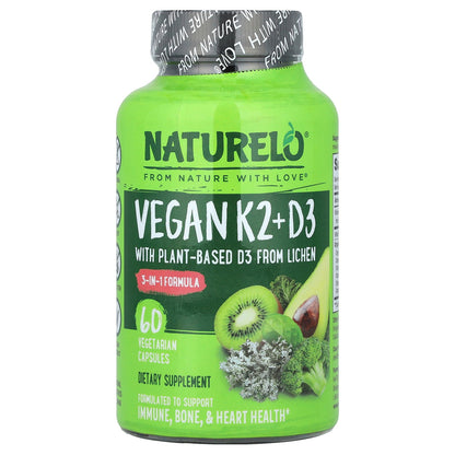 NATURELO, Vegan Vitamin K2 + D3, 60 Vegetarian Capsules