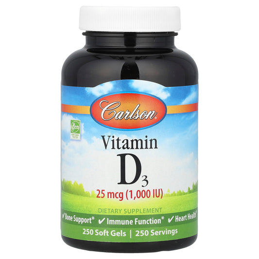 Carlson, Vitamin D3, 25 mcg (1,000 IU), 250 Soft Gels