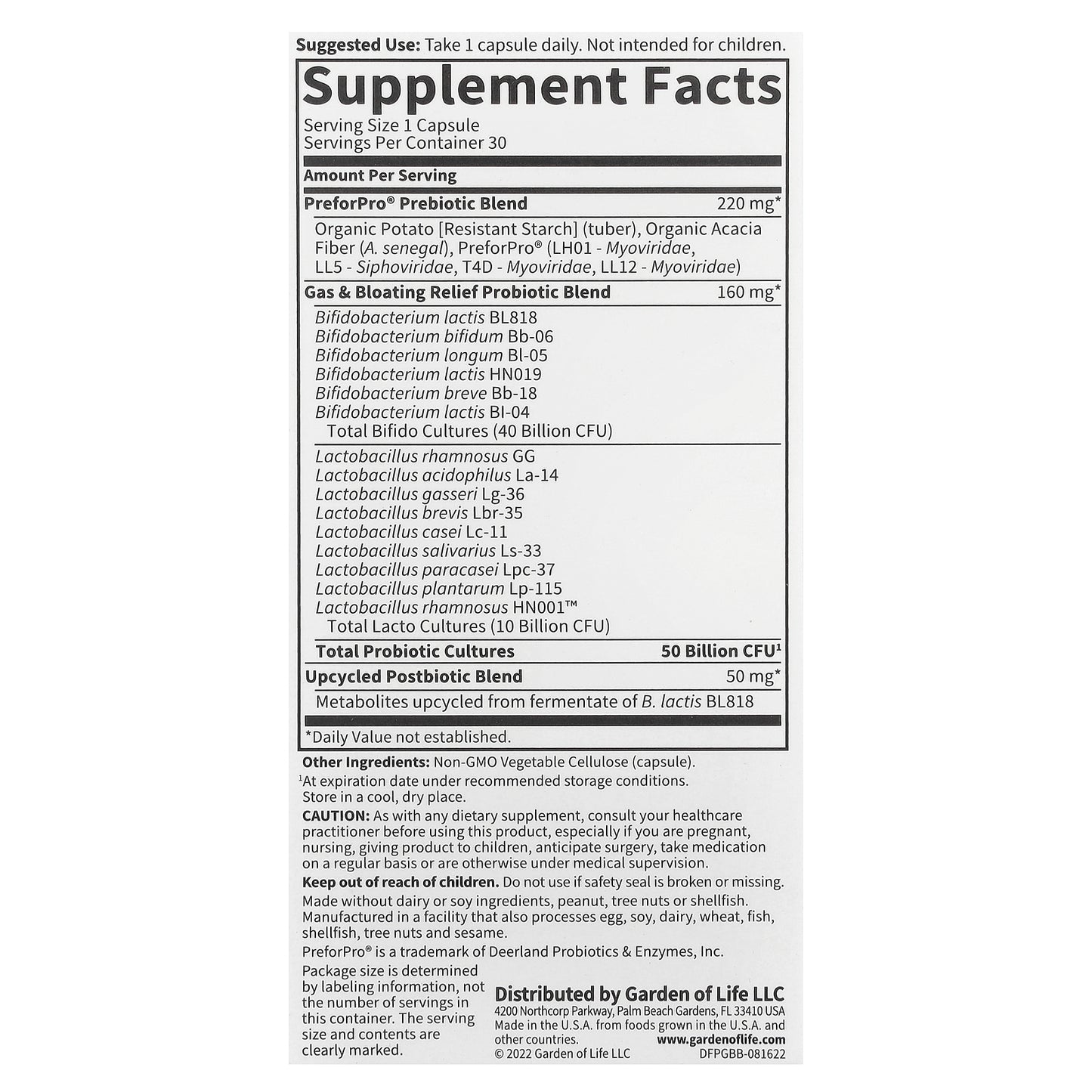 Garden of Life, Probiotics Gas & Bloating, 50 Billion, 30 Vegetarian Capsules