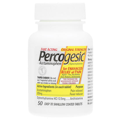 Percogesic, Acetaminophen/Diphenhydramine HCl, Original Strength, 50 Easy To Swallow Coated Tablets