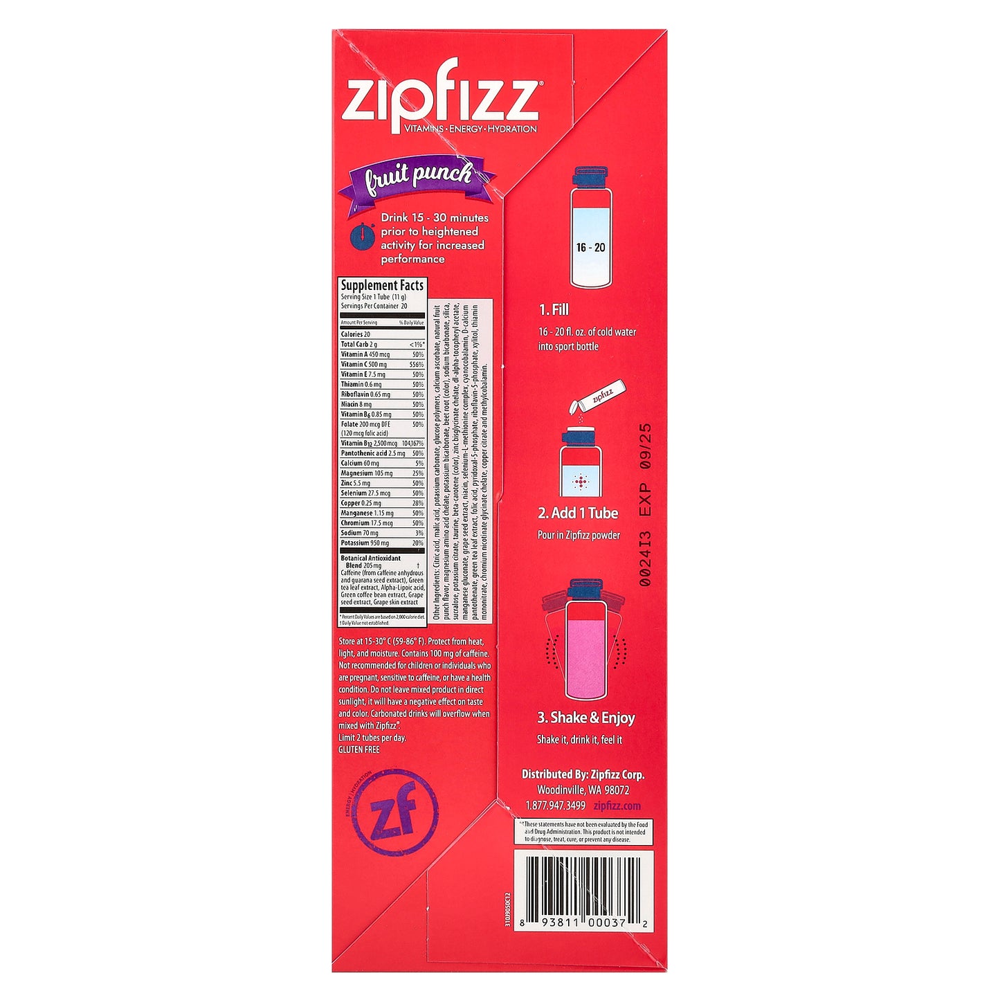 Zipfizz, Energy Drink Mix, Fruit Punch, 20 Tubes, 0.39 oz (11 g) Each