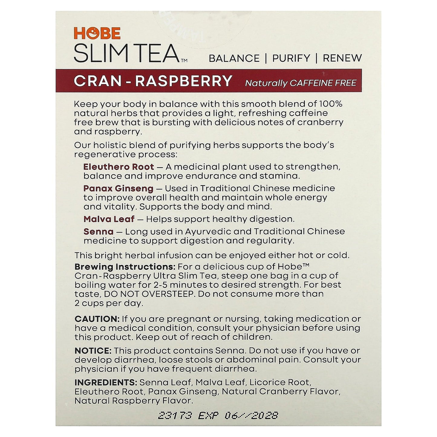 Hobe Labs, Ultra Slim Tea, Cran-Raspberry, Caffeine Free, 24 Herbal Tea Bags, 1.69 oz (48 g)