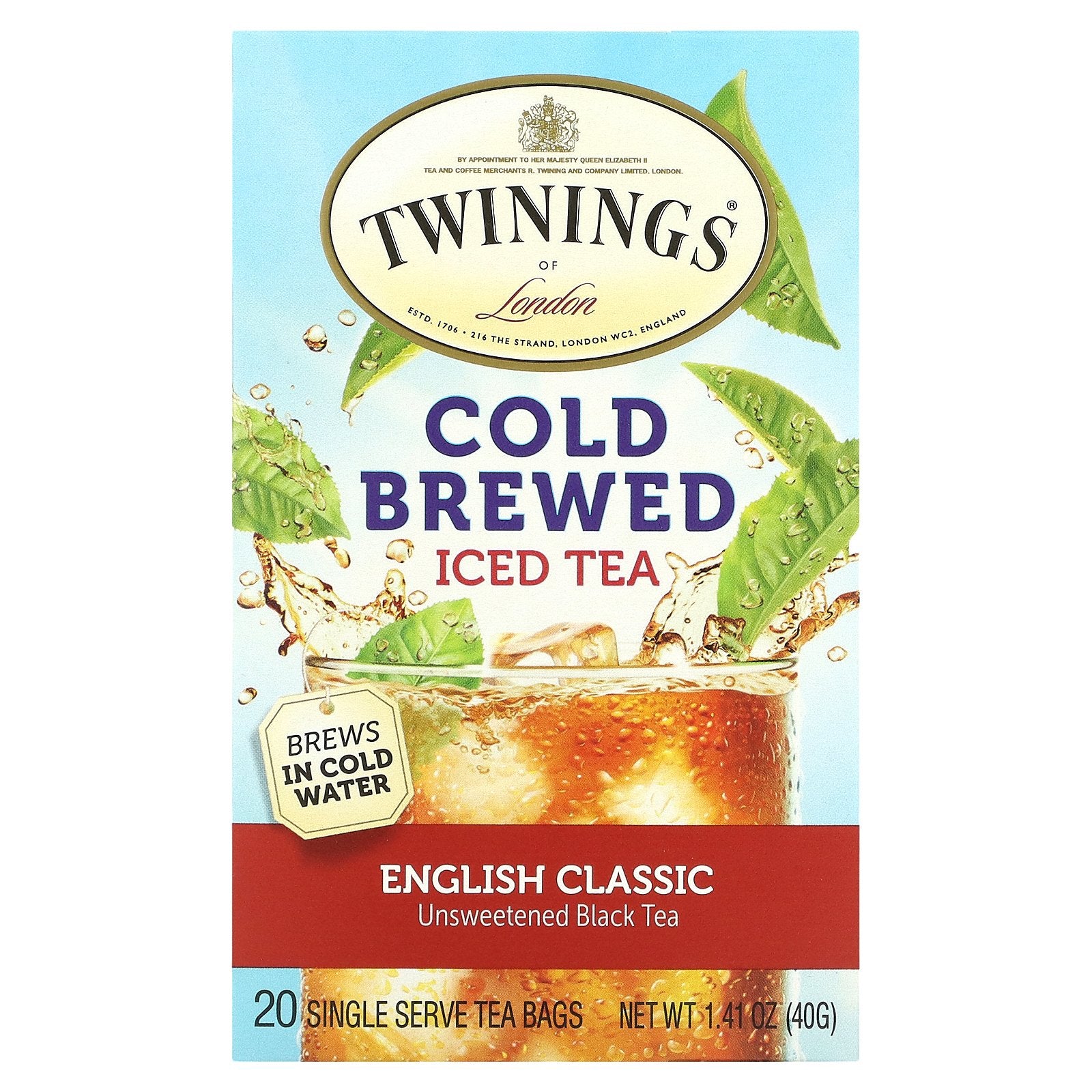 Twinings, Cold Brewed Iced Tea, Black Tea, Unsweetened, English Classic, 20 Single Serve Tea Bags, 1.41 oz (40 g)