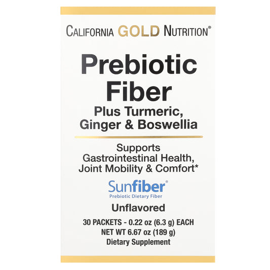 California Gold Nutrition, Prebiotic Fiber Plus Turmeric, Ginger, & Boswellia, 30 Packets, 0.22 oz (6.3 g) Each