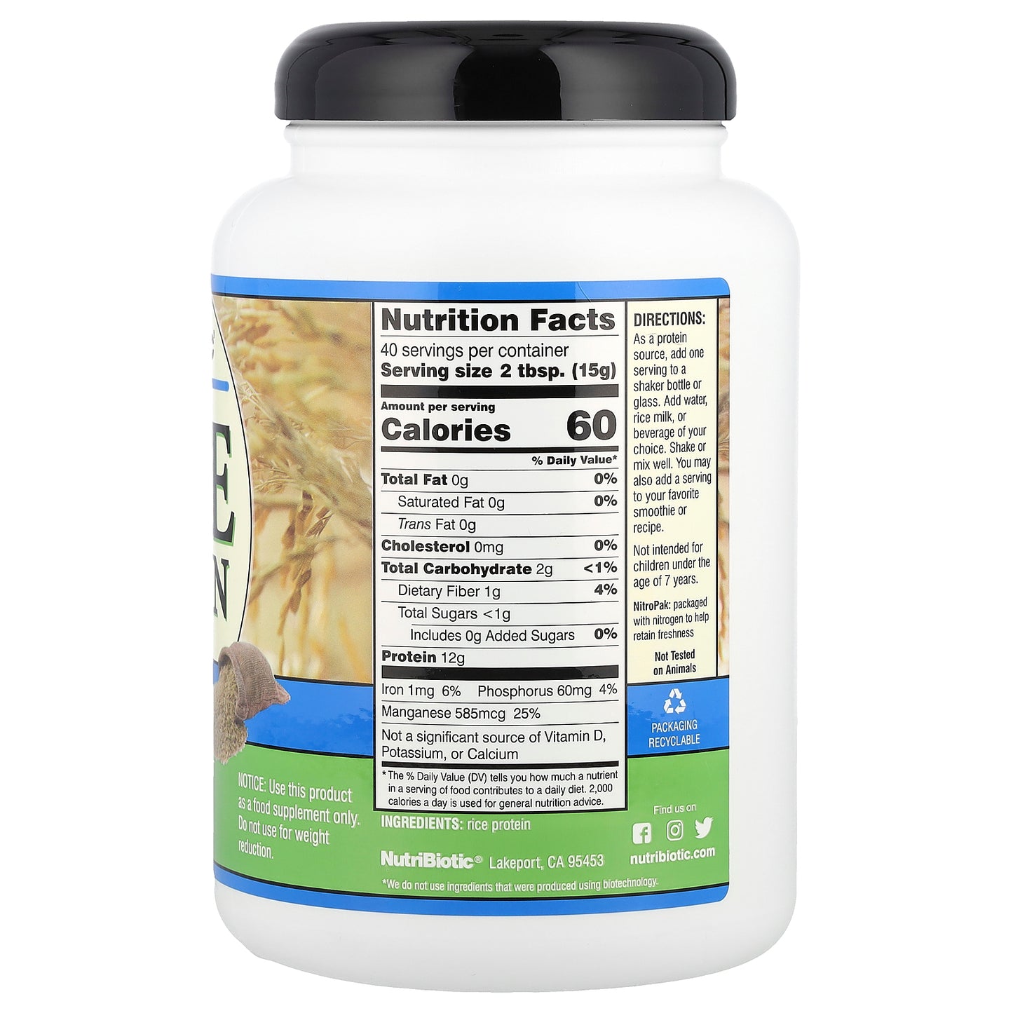 NutriBiotic, Rice Protein Powder, Plain, 1 lb 5.16 oz (600 g)