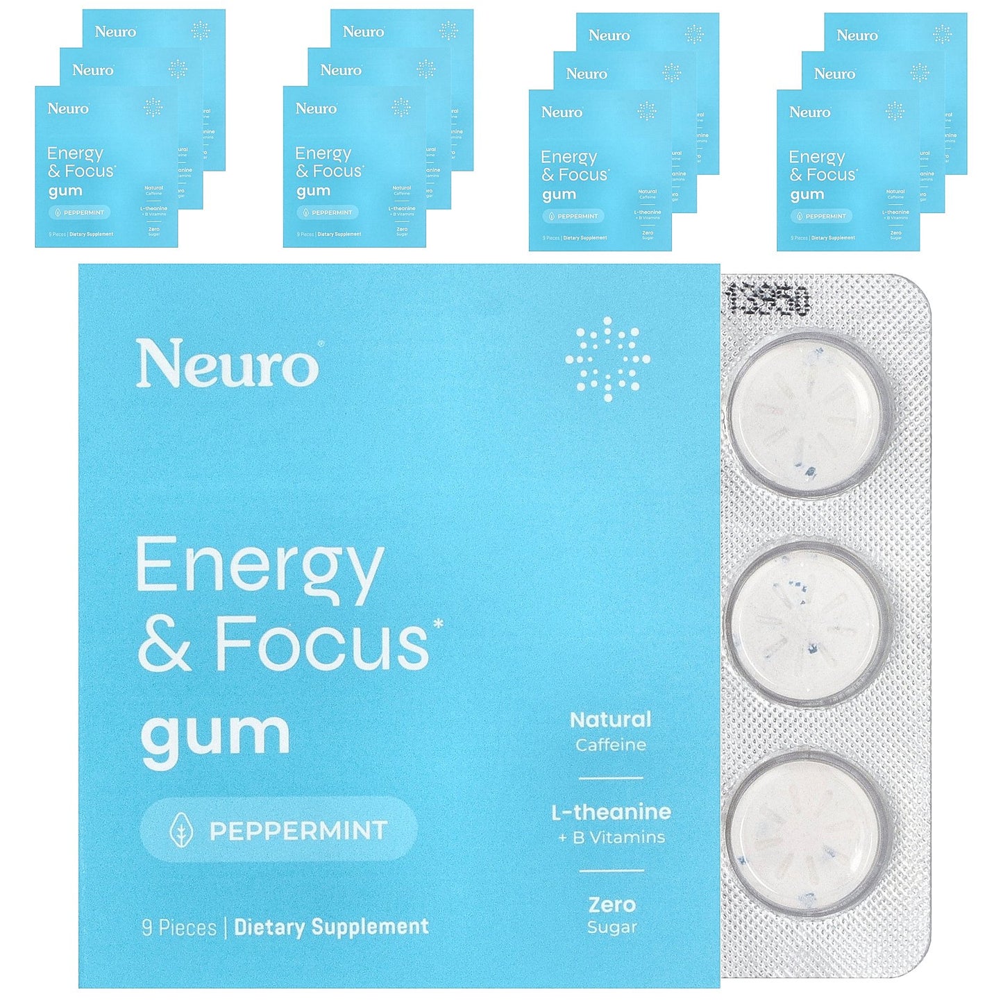 NeuroGum, Energy & Focus Gum, Peppermint, 12 Pack, 9 Pieces Each