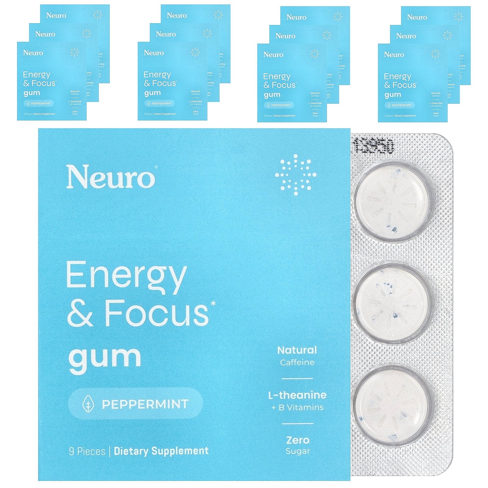 NeuroGum, Energy & Focus Gum, Peppermint, 12 Pack, 9 Pieces Each